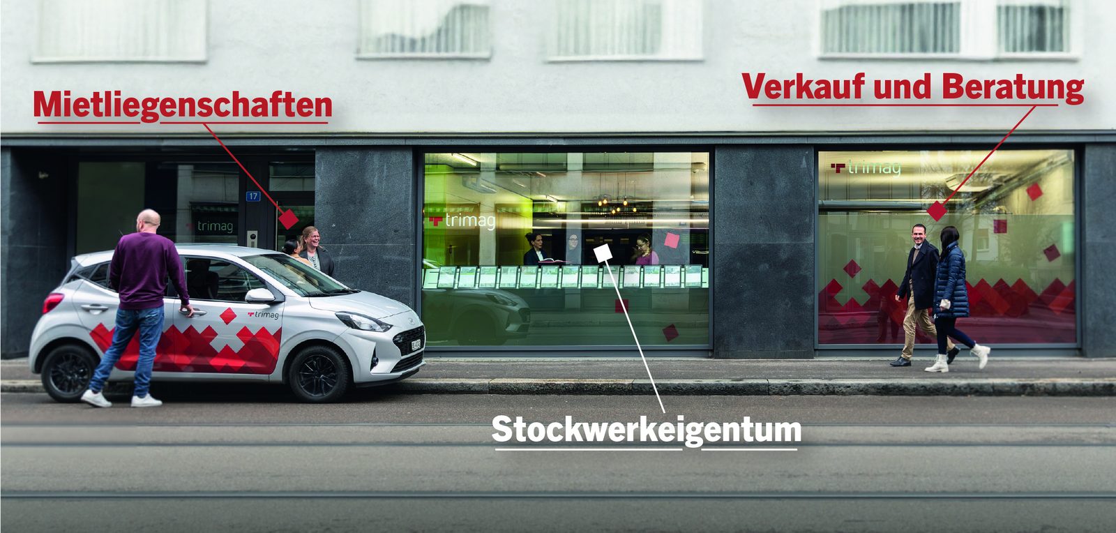 Unser Büro an der Allschwilerstrasse 17 mit den Bereichen Mietliegenschaften, Stockwerkeigentum sowie Verkauf und Beratung